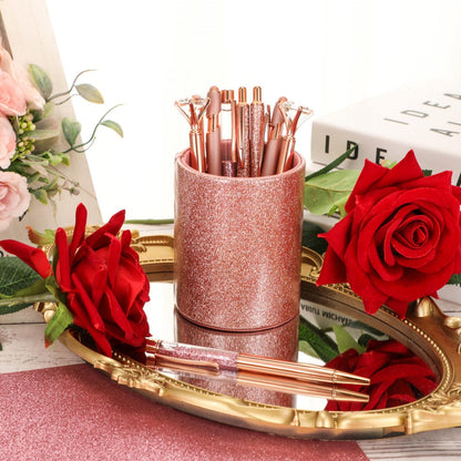 Sabary 8 Pcs Rose Gold Pens with Pen Holder for Desk Glitter Crystal Diamond Cute Ballpoint Fancy Pencil Holder Bling Desk Organizer for Women Girls Gifts School Office Valentine Supplies