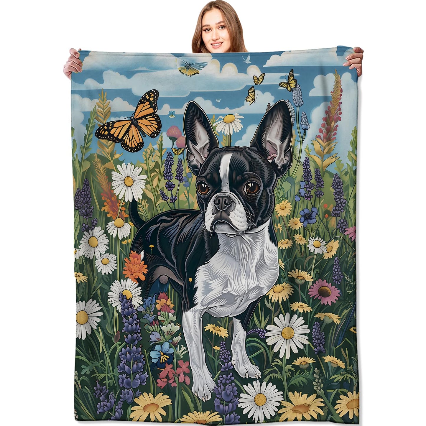 VODRM Boston Terrier Blanket Cute Dog Throw Blankets,Birthday Gifts for Kids Adult & Pet Lovers,Lightweight Soft Fleece with Wildflower and Butterfly,for Sofa Couch Bed Room Decor 50x60in