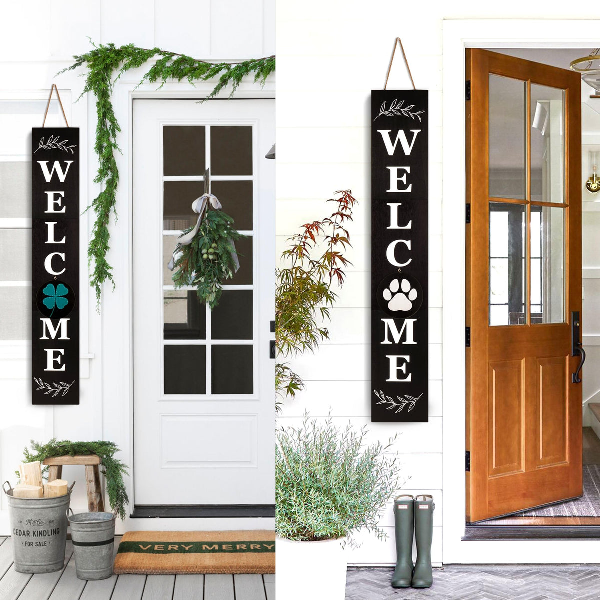 Perfnique Welcome sign for front porch standing, 47 x 7.9 Inch Wooden Leaner Sign with 10 Interchangeable Designed Icons, Seasonal Decor for Spring Easter Fall Christmas(Black)