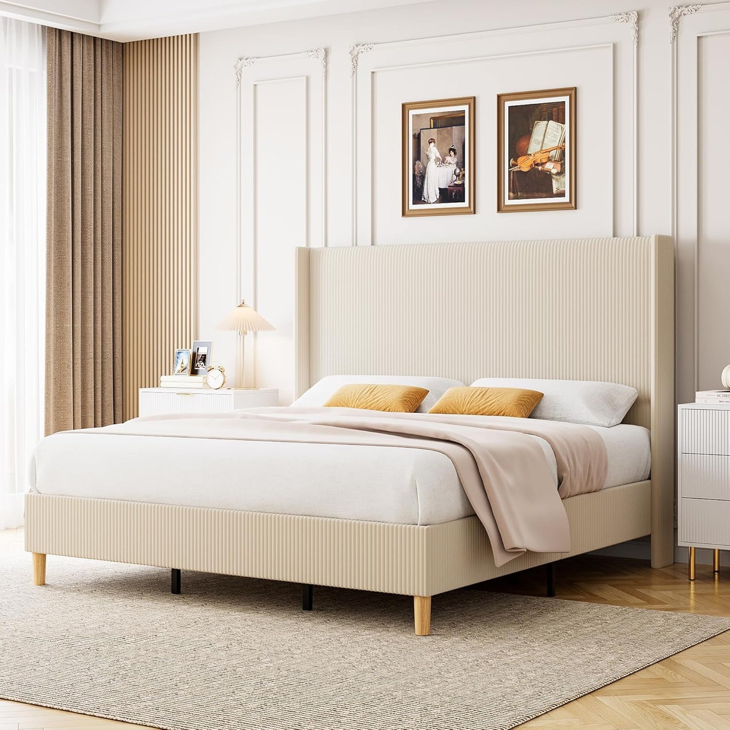 GAOMON Upholstered Bed Frame with Tall Wing-Back Headboard, Queen Size Corduroy Bed Frame with Sturdy Wooden Slats, No Box Spring Needed, Noise Free, Easy Assembly, Beige