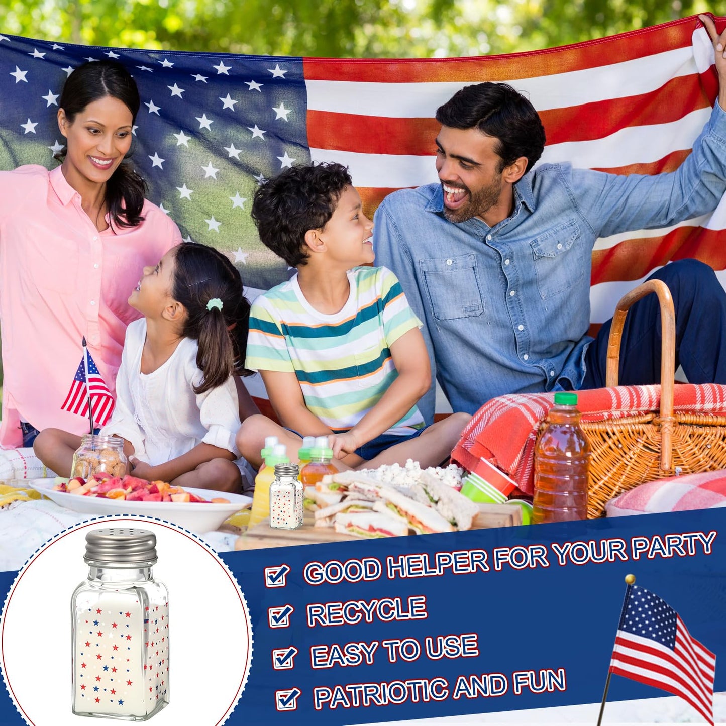 Reallnaive 2 Pcs 4th of July Salt and Pepper Shakers, Patriotic Salt and Pepper Shakers Set Independence Day Red White and Blue Star 250th Anniversary Kitchen Counter and Table Decor
