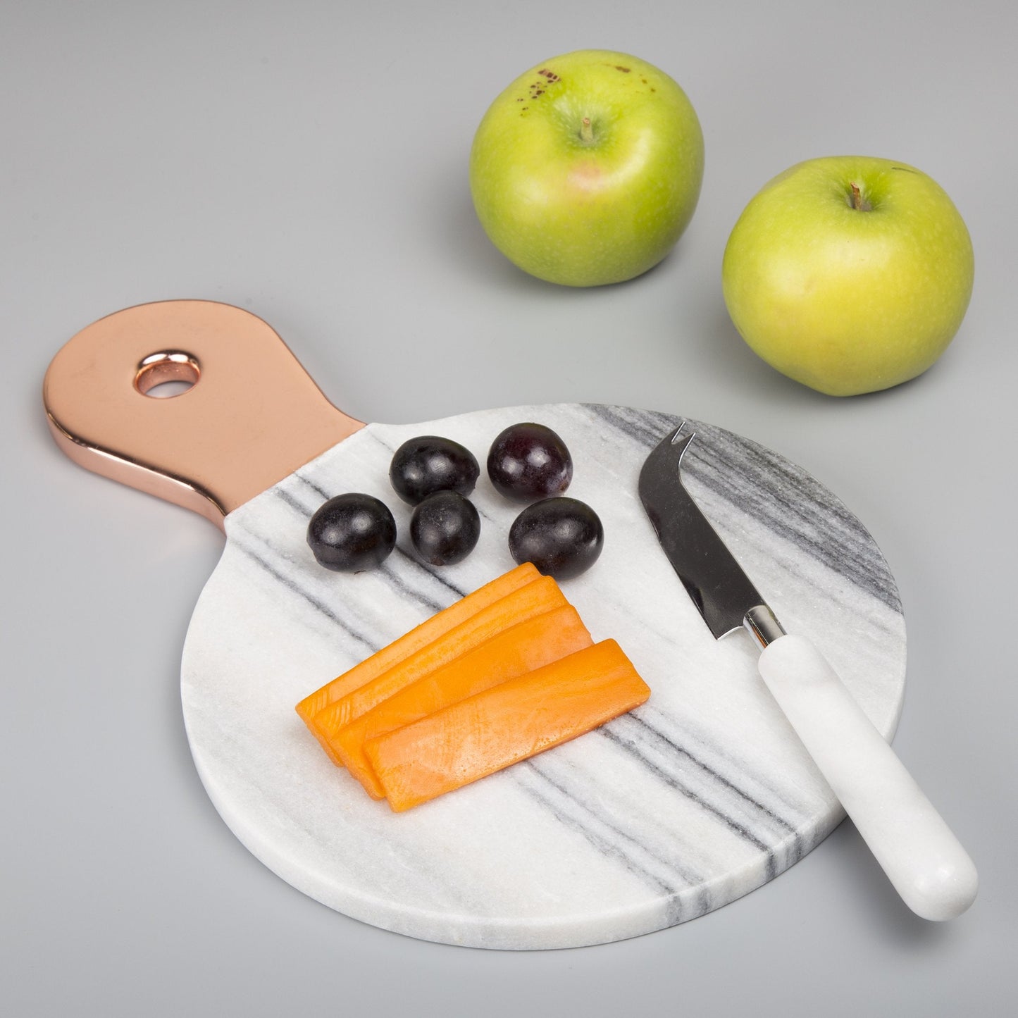 Creative Home Natural Marble Cheese Serving Paddle Board Charcuterie Board Party Serving Platter with Stainless Steel Copper Trim Handle for Kitchen Dining Room, 12.2" x 8" x 0.5" H, Grey (Off-White)