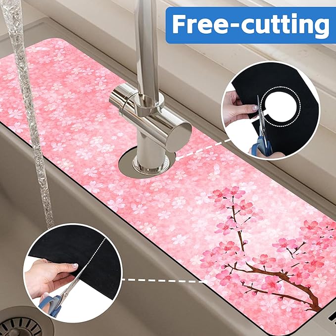 Spring Cherry Blossom Kitchen Sink Splash Guard Absorbent Fast Drying Mat