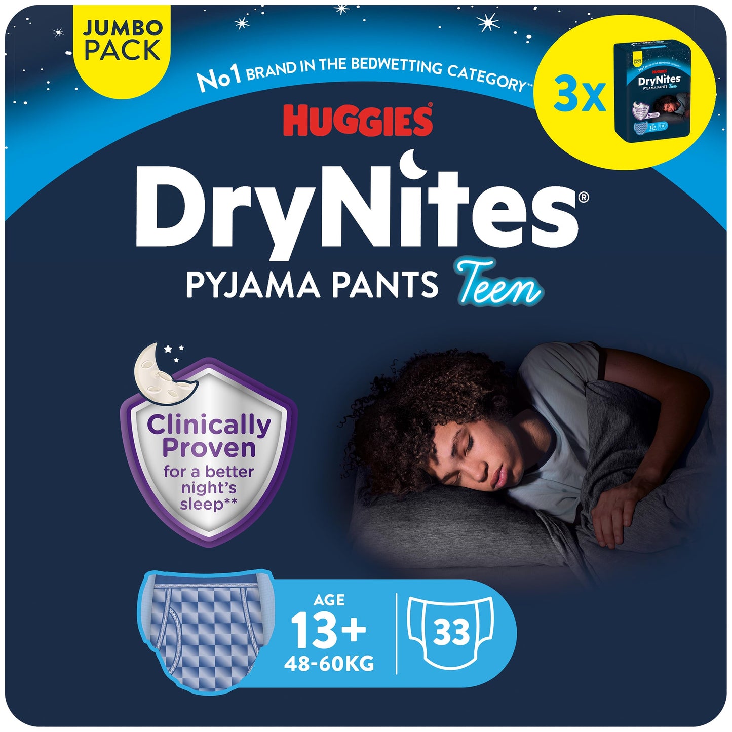 HUGGIES DryNites, Pyjama Pants, Boys 13+ Years (48-60KG), 33 x Bedwetting Pants, Up to 100% Leak Free Nights