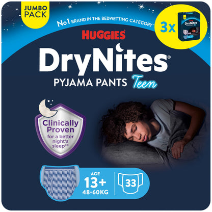 HUGGIES DryNites, Pyjama Pants, Boys 13+ Years (48-60KG), 33 x Bedwetting Pants, Up to 100% Leak Free Nights