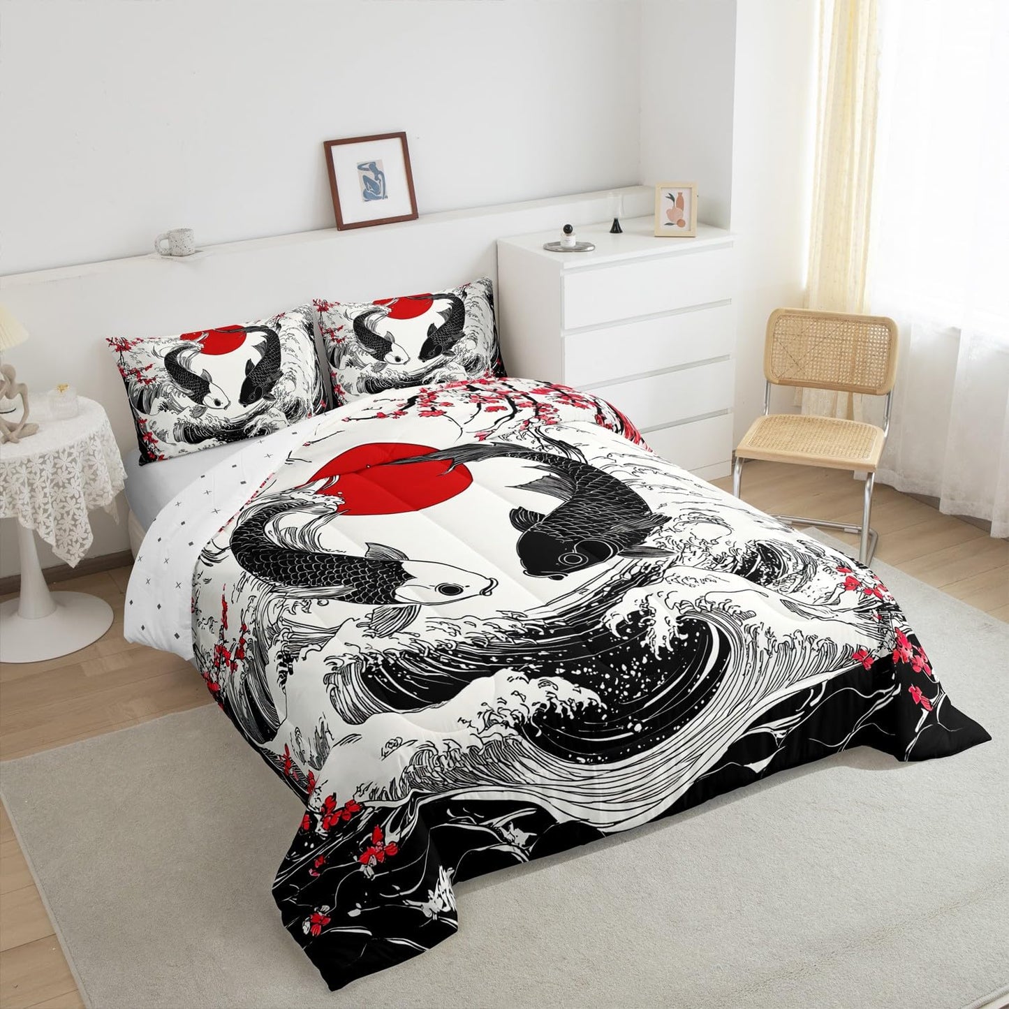 Feelyou Ocean Wave Fish Bedding Set for Kids Boys Girls Queen Size Cherry Blossoms Comforter Set Ultra Soft Exotic Comforter Japanese Ukiyoe Theme Duvet Quilt Bedroom Decor Sunset Quilt