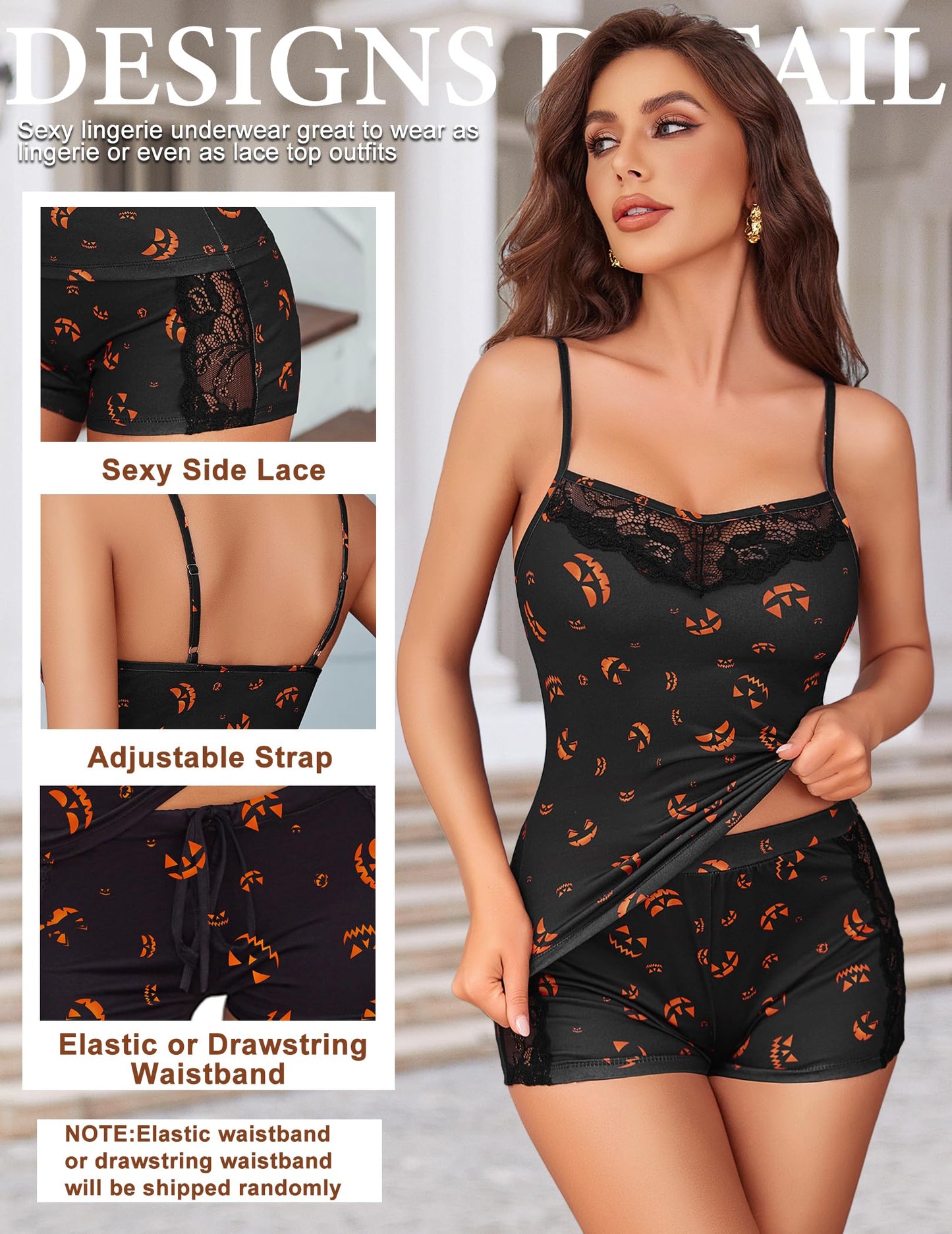 Avidlove Women Sleepwear Soft Pjs Sets For Woman Sexy Pajama Set 2 Piece Lace Plus Size Cami (Black Halloween, XX-Large)