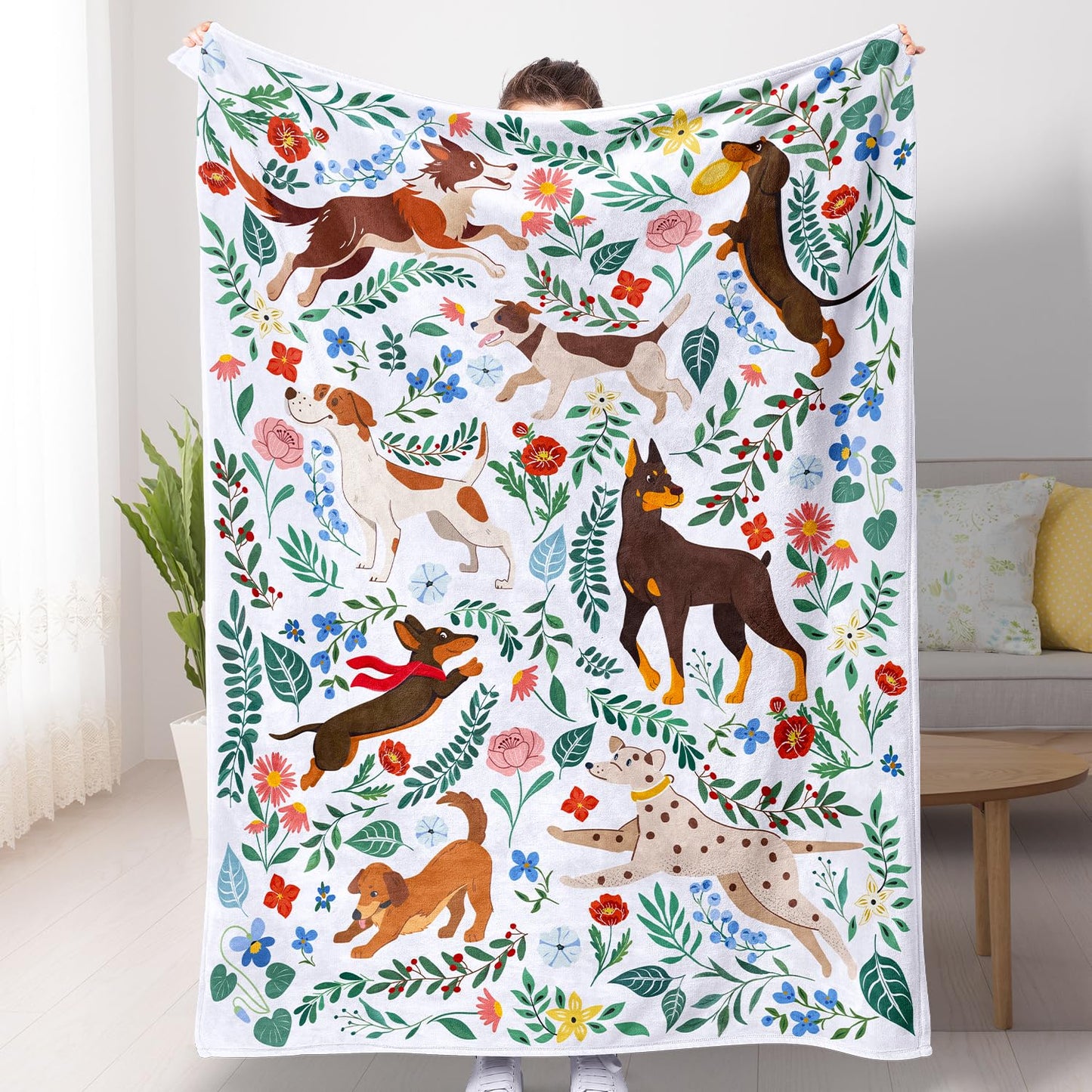 Dog Blanket Ultra Soft Floral Throw Blankets Gifts for Dog Lover Blanket Flower Leaves Flannel Fleece Throw Lightweight Warm Cozy Fuzzy Plus Cabin Blanket for Bed Sofa, 50" X 60"