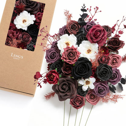 Ling's Moment Moody Burgundy & Black Artificial Flowers and Greenery Deluxe Combo Box Set, Goth Fake Flower for DIY Wedding Bridal Bouquet, Centerpieces Decor, Floral Arrangement Decor, etc.