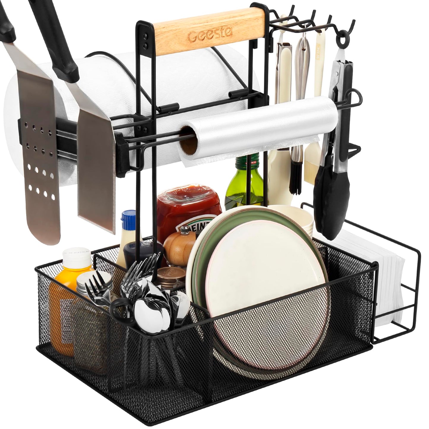 Geesta Grill Caddy for Outdoor Grill, BBQ Picnic Camping Caddy with Paper Towel Holder & Magnetic Tool Holder, Condiment Storage Utensil Kitchen Organizer for RV Camper, Tailgate Accessories