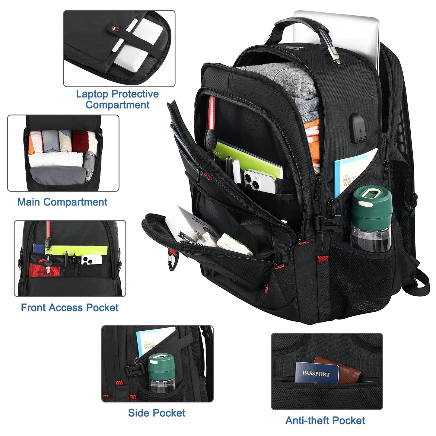 Z-MGKISS Men's Extra Large 55L Anti-Theft Backpack, TSA-Approved for 18.4-19" Gaming Laptops, Gym Work Travel for Business College Daypack (Black)