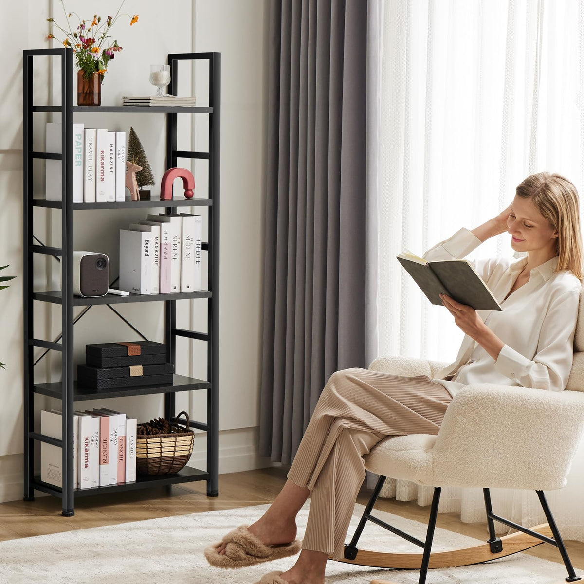 Sweetcrispy Book Shelf, 5 Tier Bookcase, Modern Tall Bookshelf for Garage Kit, CDs, Movies, Industrial Corner Storage Organizer for Bedroom Home Office Kitchen Living Room, Black