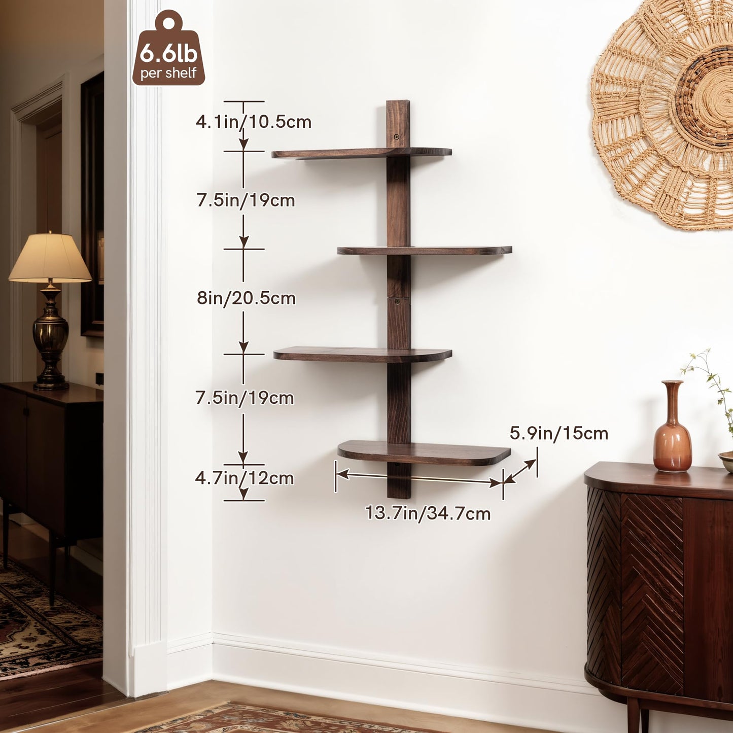 Afuly Mid Century Modern Decor Floating Shelves Walnut Display Shelf Wall Unit Solid Wood Decorative Shelving Home Decor Living Room Bedroom Coffee Bar Bathroom Plant Photo Set of 4
