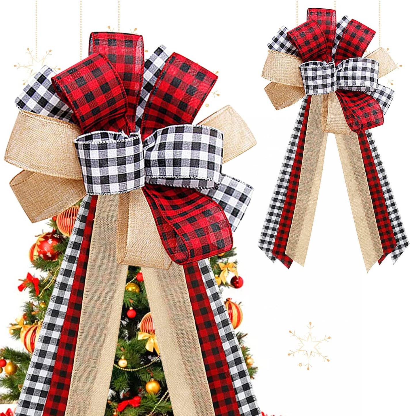 Tmflexe Christmas Bows Tree Topper Red Black White Buffalo Plaid Ornaments Handmade for Wreath Door Burlap Rustic Farmhouse Decoration (Burlap Buffalo Plaid)