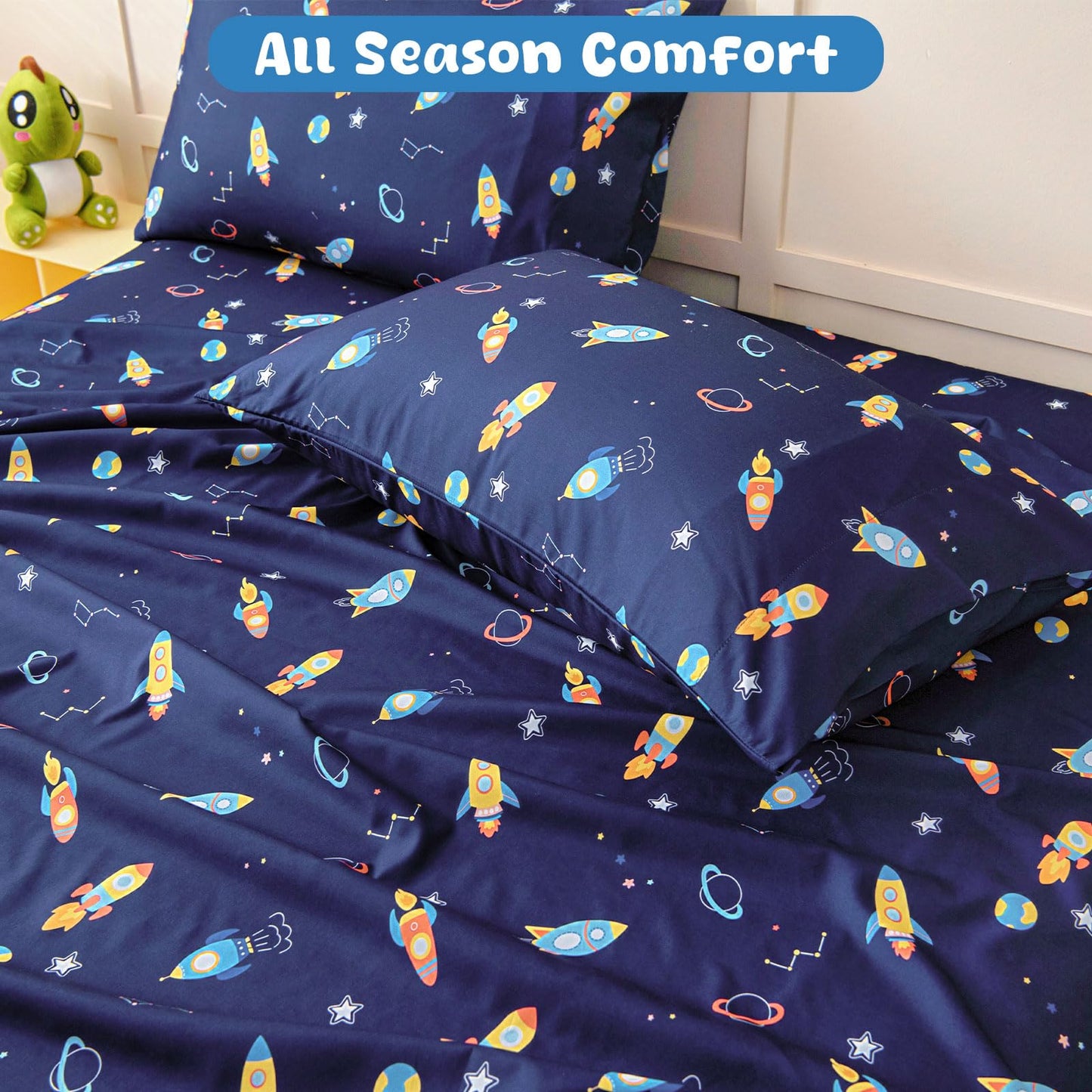 Swiftify Full Size Sheet Set for Kids Boys, 4-Piece Bed Sheet Set for Teens Boys Girls, Cartoon Printed Bedding Set, Microfiber Deep Pocket, Wrinkle & Fade Resistant, Space Rocket