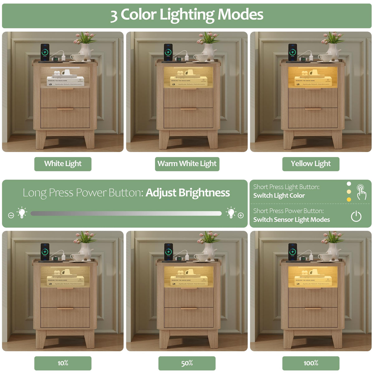 Turosur Night Stand with Charging Station, Fluted NightStand with LED Light and 2 Drawers, Wood Bedside Table with Open Storage, Modern