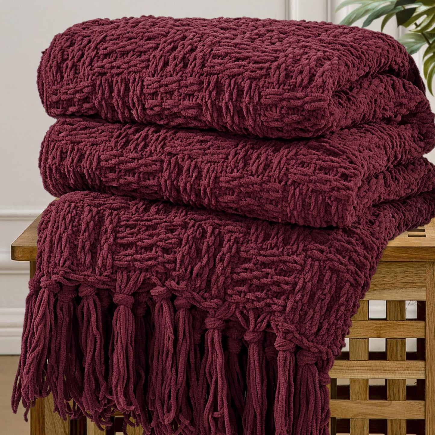 Home Soft Things Cable Knitted Throw Blankets 50'' x 60'', Burgundy, Soft Cozy Fluffy Decorative Throw with Tassels Couch Bed Sofa Cover Throw Blankets