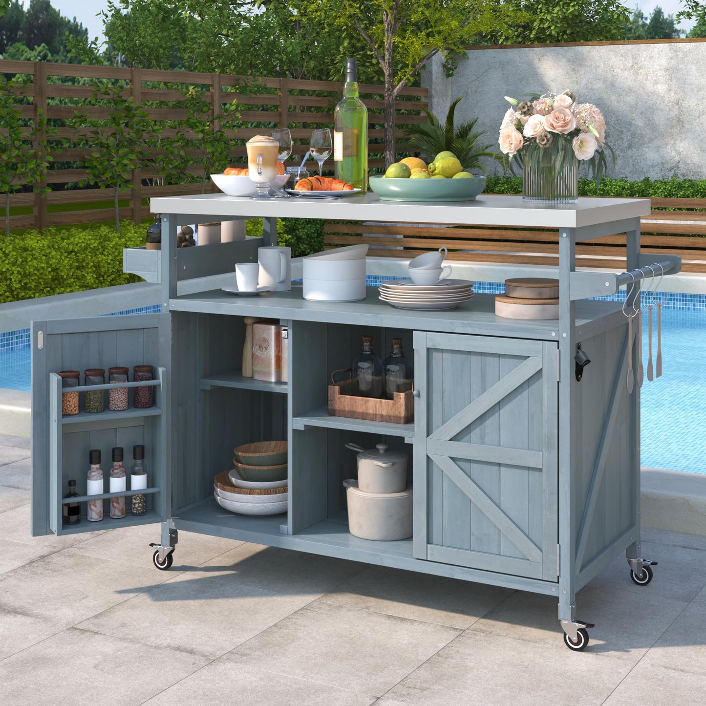 Jintop 50.25" Kitchen Island Rolling Bar Cart & Storage Cabinet,Farmhouse Solid Wood Outdoor Grill Table with Stainless Steel Top and Spice, Towel Rack for BBQ,Grey Blue