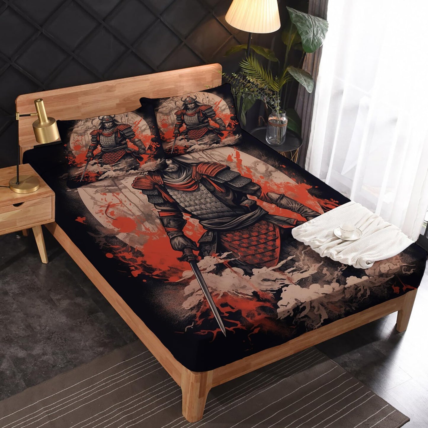 King Size Sheets Set - Japanese Samurai Bed Sheets, Asian Bedding Sheets & Pillowcases, Soft Microfiber & Deep Pocket & Wrinkle Free Patterned Sheet Set, 1 Fitted Sheet, 1 Flat Sheet, 2 Pillow Cases