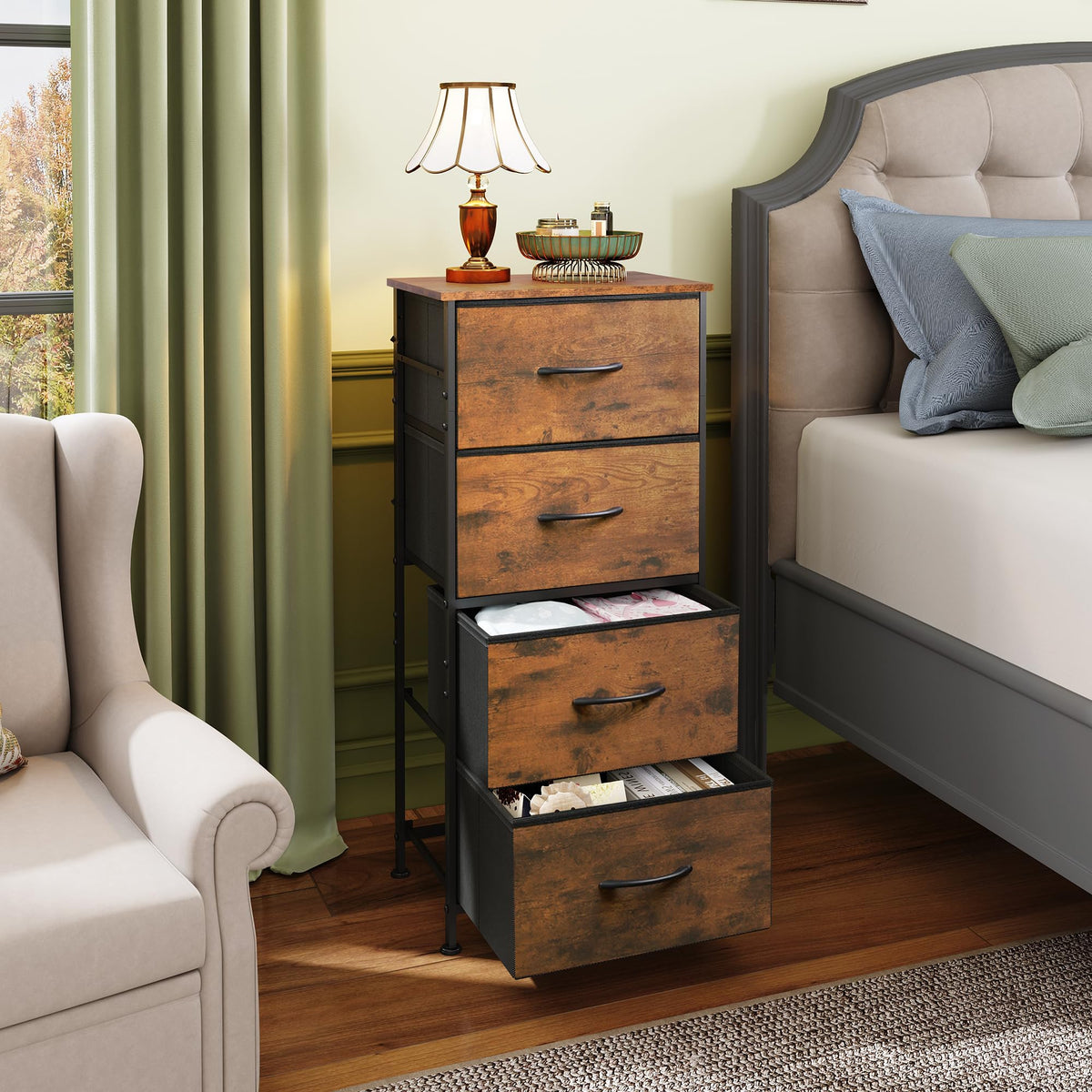 WLIVE Dresser with 4 Drawers, Fabric Storage Tower, Organizer Unit for Bedroom, Hallway, Entryway, Closets, Sturdy Steel Frame, Wood Top, Easy Pull Handle, Rustic Brown Wood Grain Print