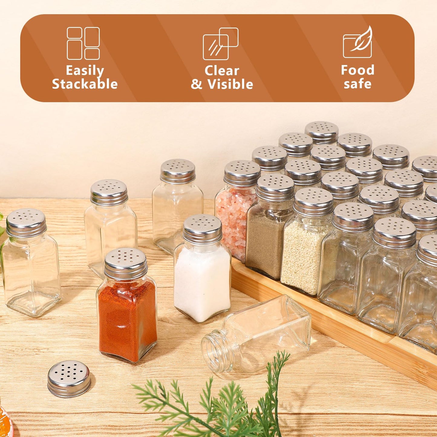 Bokon 48 Pack Glass Salt Shaker Bulk with Stainless Lids Tops 2.7oz Small Spice Shaker for Kitchen Restaurants and Catering Wedding Party Supplies (Classic)