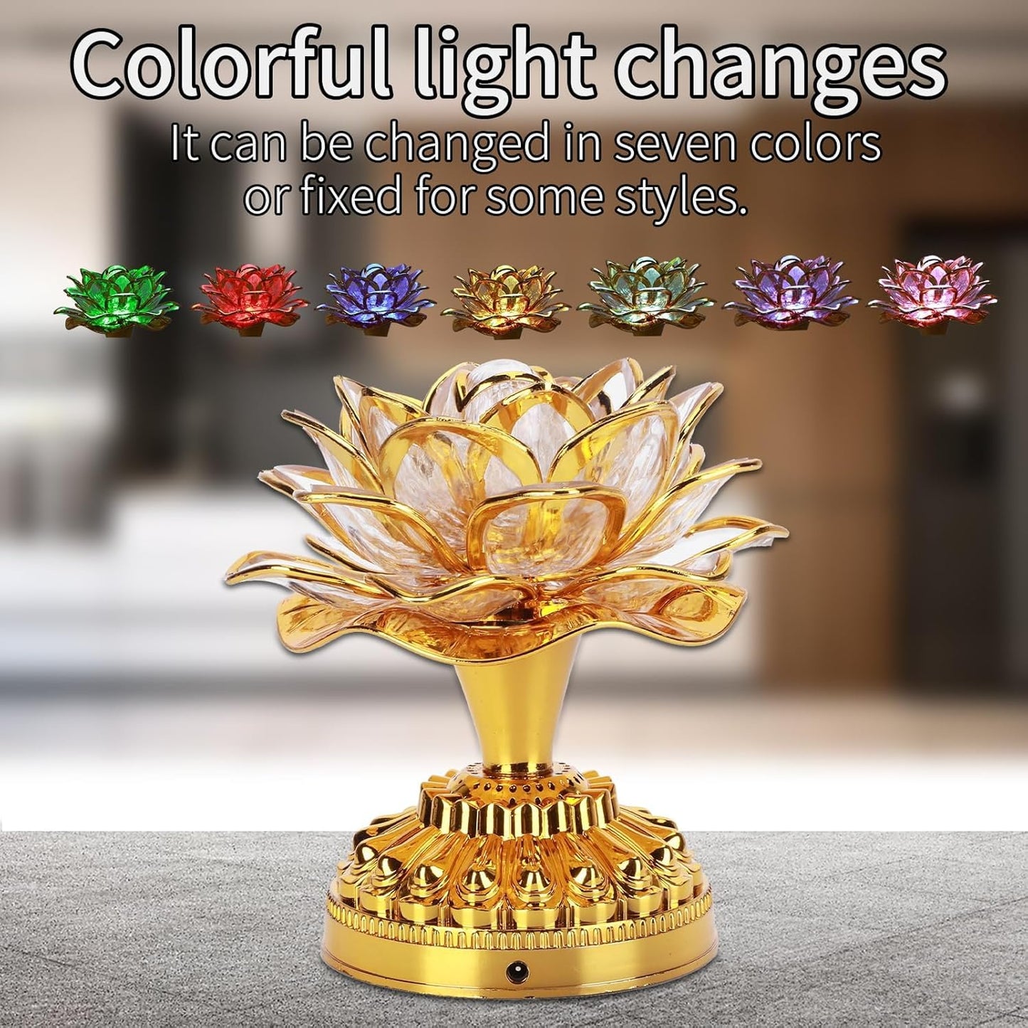 Zerodis 110-240V LED Lotus Flower Lamp - 7 Color Crystal Buddha Lamp with Golden Finish, 36 Songs & US Plug