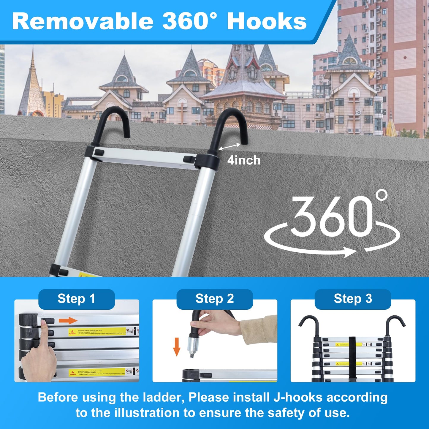 Wolec 19 FT Telescoping Ladder with Hooks, Adjustable Multi-Purpose Collapsible Extension with Stabilizers & Wheels, Heavy Duty 330 lbs Max Capacity, Ideal for Home and Outdoor Work,Silver