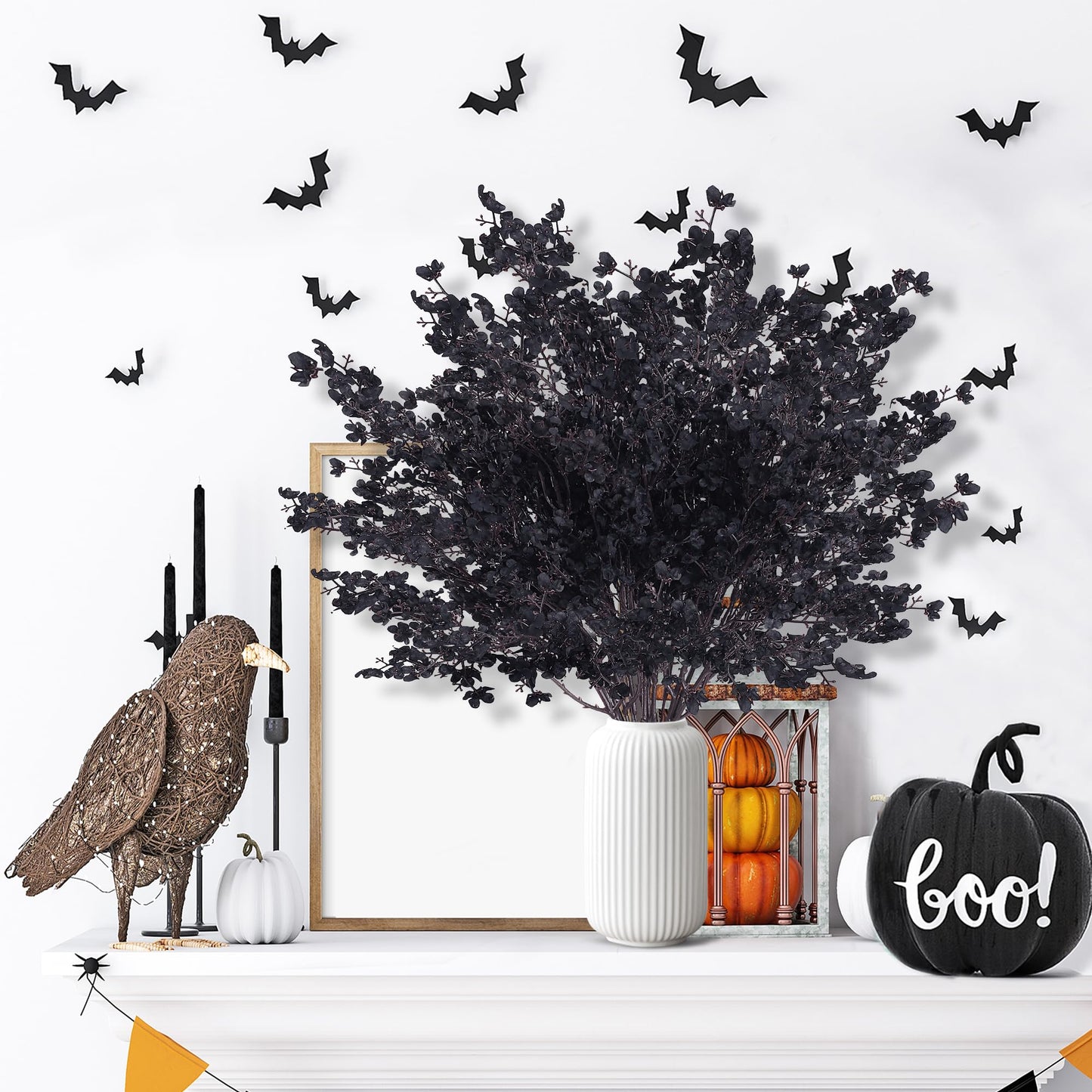 Sggvecsy 15 Pcs Babys Breath Artificial Flowers Gypsophila Bouquets Bulk Real Touch Fake Silk Flowers for Home Halloween Wedding DIY Floral Arrangement Table Centerpiece Festival Decoration (Black)