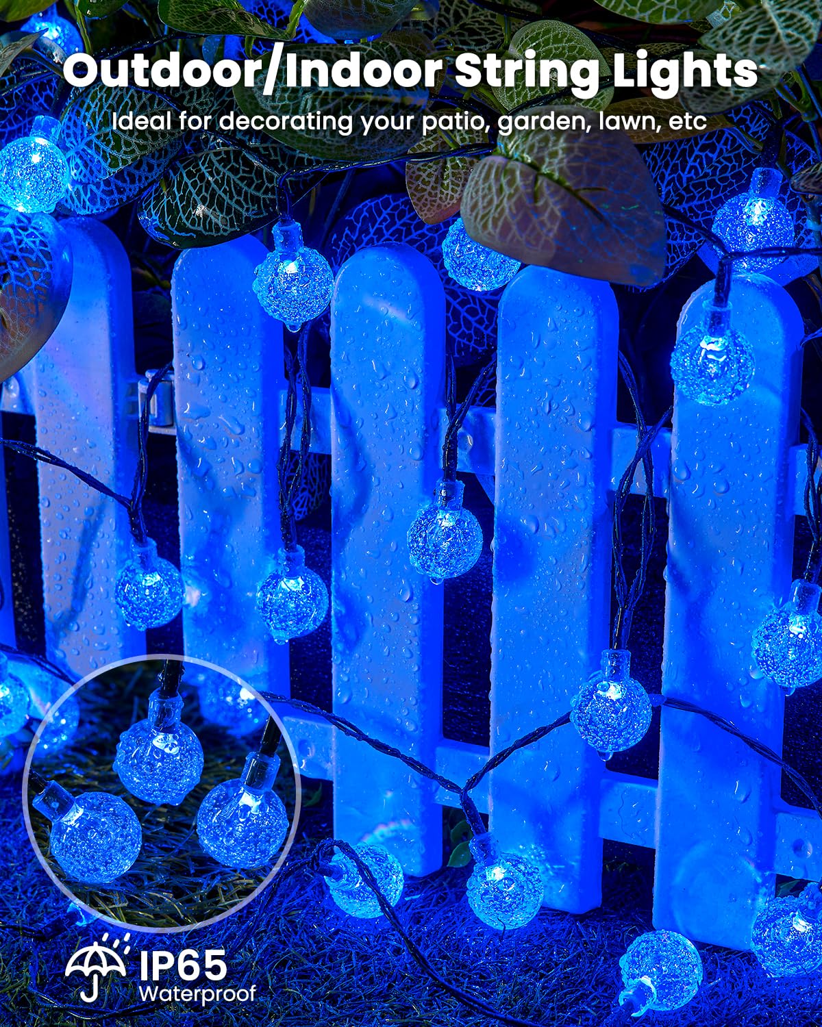 Brightown Solar String Lights Outdoor 60 Led 35.6 Feet Waterproof Solar Powered Patio Lights with 8 Lighting Modes for Garden Yard Porch Wedding Party Decor Halloween (Blue)
