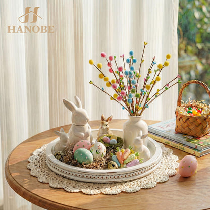 Hanobe Round Wooden Decorative Tray: White Washed Bead Tray Decor for Coffee Table Centerpiece Rustic Farmhouse Tray for Kitchen Counter Living Room Decoration