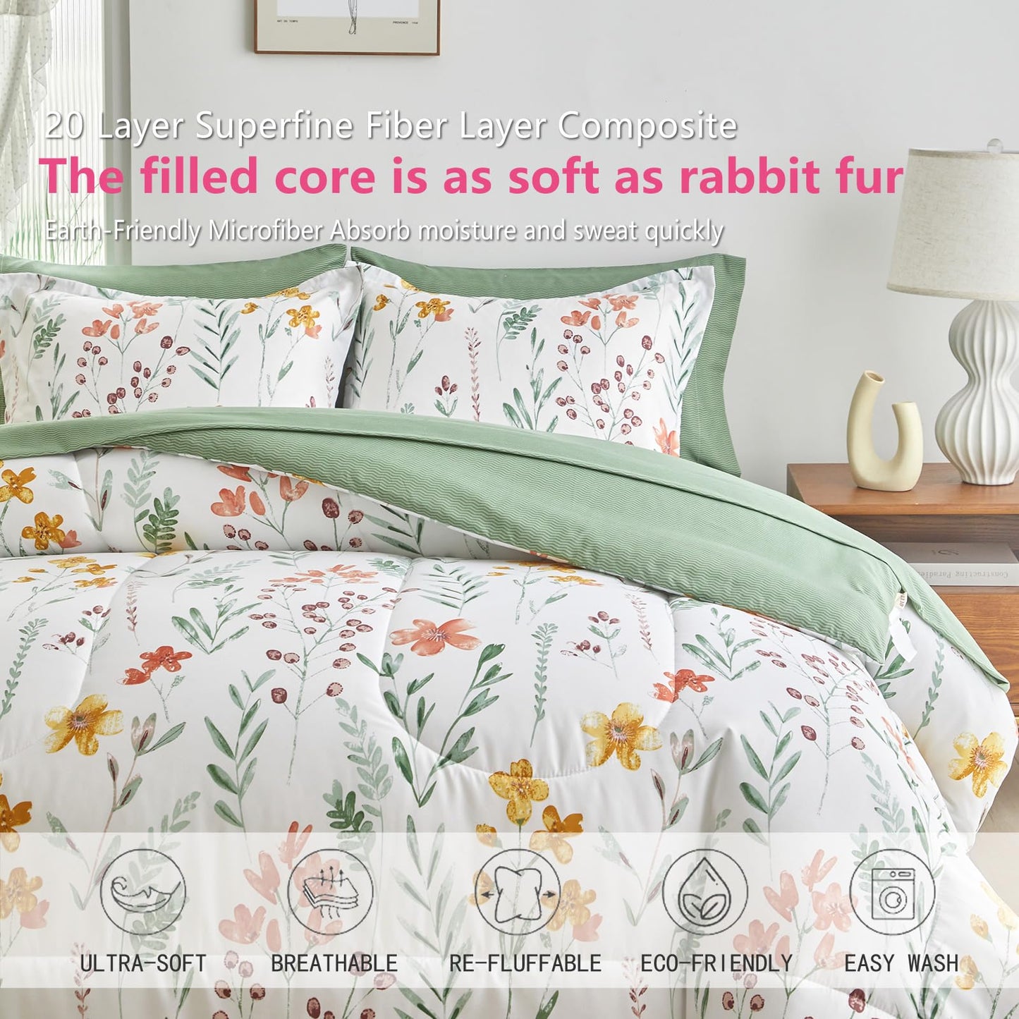 AIKASY Bed in a Bag 7 Pieces Queen Size - Floral Print - Soft Microfiber, Reversible Bed Comforter Set (1 Comforter, 2 Pillow Shams, 1 Flat Sheet, 1 Fitted Sheet, 2 Pillowcases)（White,Queen）