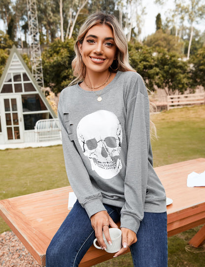 Blooming Jelly Women's Halloween Sweatshirts Skull Graphic T Shirts Long Sleeve Skeleton Shirt Trendy Fall Tops (X-Large, Grey)
