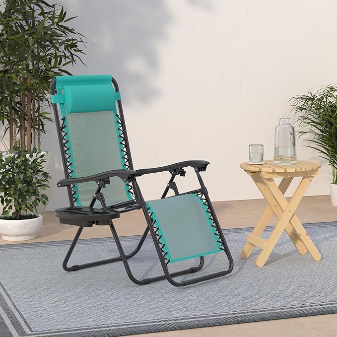 Best Choice Products Set of 2 Adjustable Steel Mesh Zero Gravity Lounge Chair Recliners w/Pillows and Cup Holder Trays - Mint