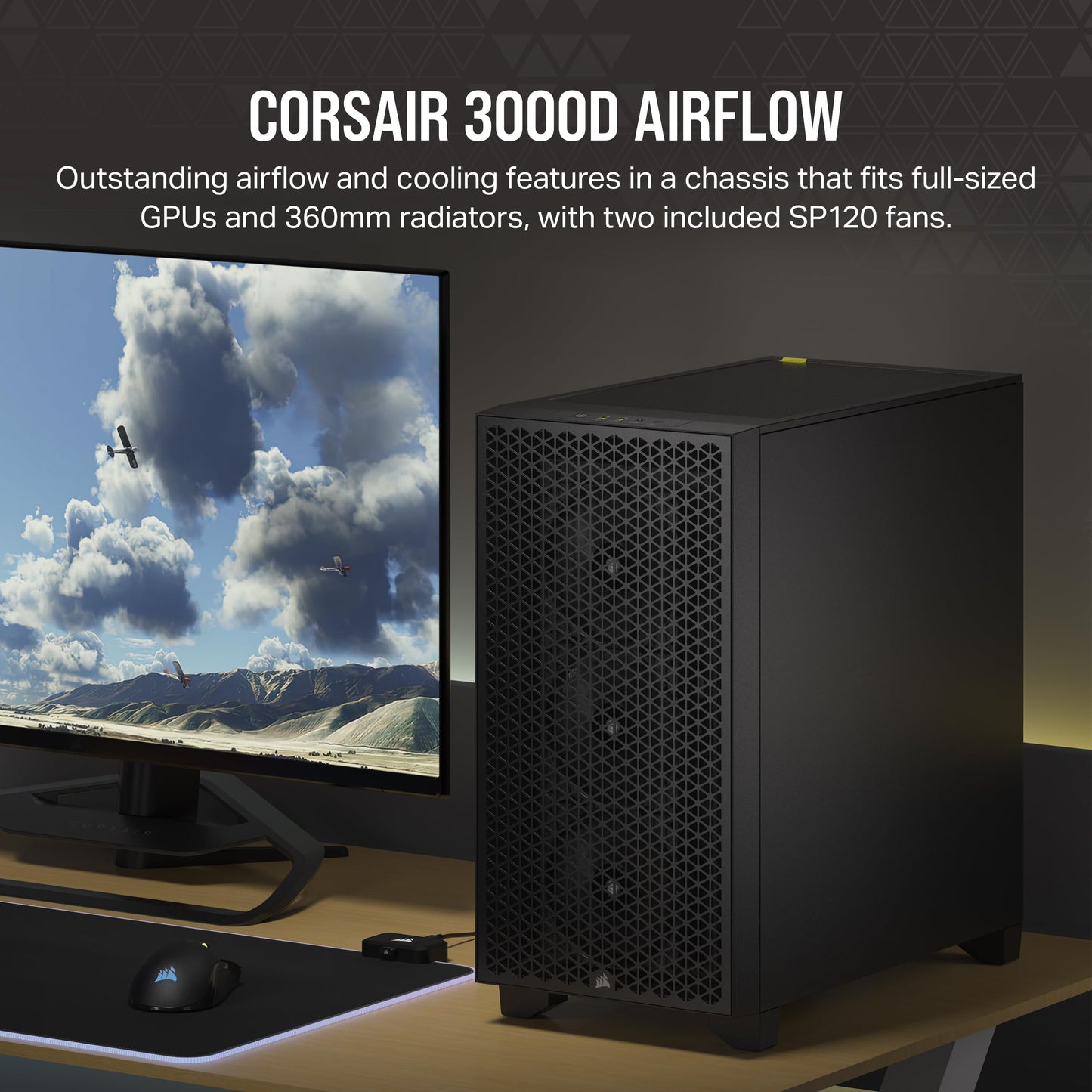 CORSAIR 3000D AIRFLOW Mid-Tower PC Case – 3-Pin Fans – Four-Slot GPU Support – Fits up to 8x 120mm Fans – High-Airflow Design – Black