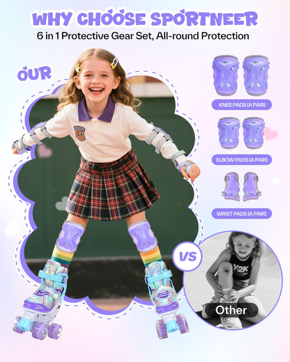 Sportneer Adjustable Kids Roller Skates with Light Up Wheels, 4 Sizes Fit for Girls Boys Ages 5–12, Fun Outdoor Indoor Quad Skates for Beginners, Safe Gift Set with Protective Gear Included