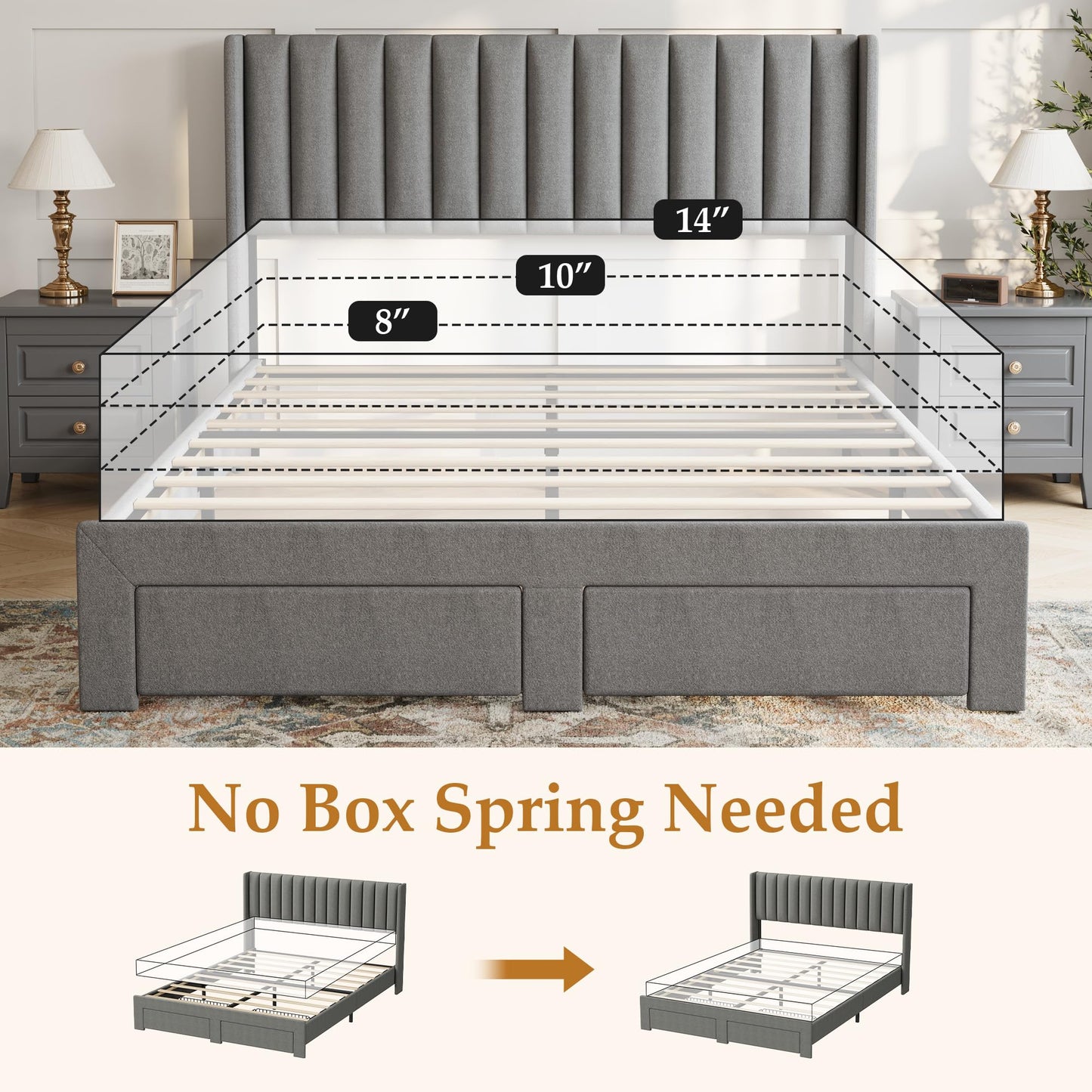 IDEALHOUSE Queen Bed Frame with Wingback Headboard, Velvet Upholstered Platform Bed with 2 Storage Drawers, Vertical Tufted Headboard Design, Wooden Slats Support, No Box Spring Needed, Grey