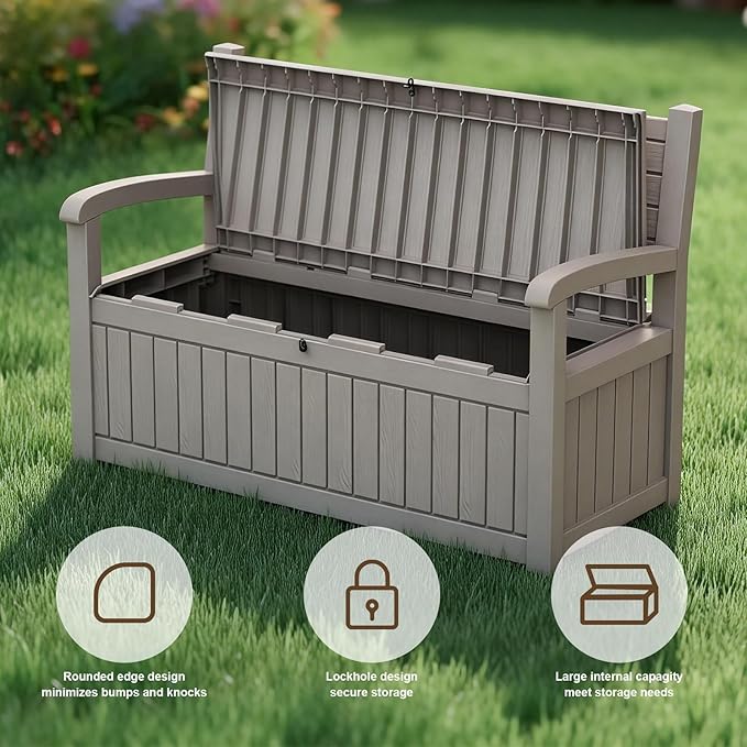 EasyUp 80 Gallon Wood Grain Style Outdoor Storage Bench, Waterproof and Lockable Deck Box Outdoor Storage Furniture for Patio,Garden,and Porch – Perfect for Storing Garden Tools and Cushions(Gray)