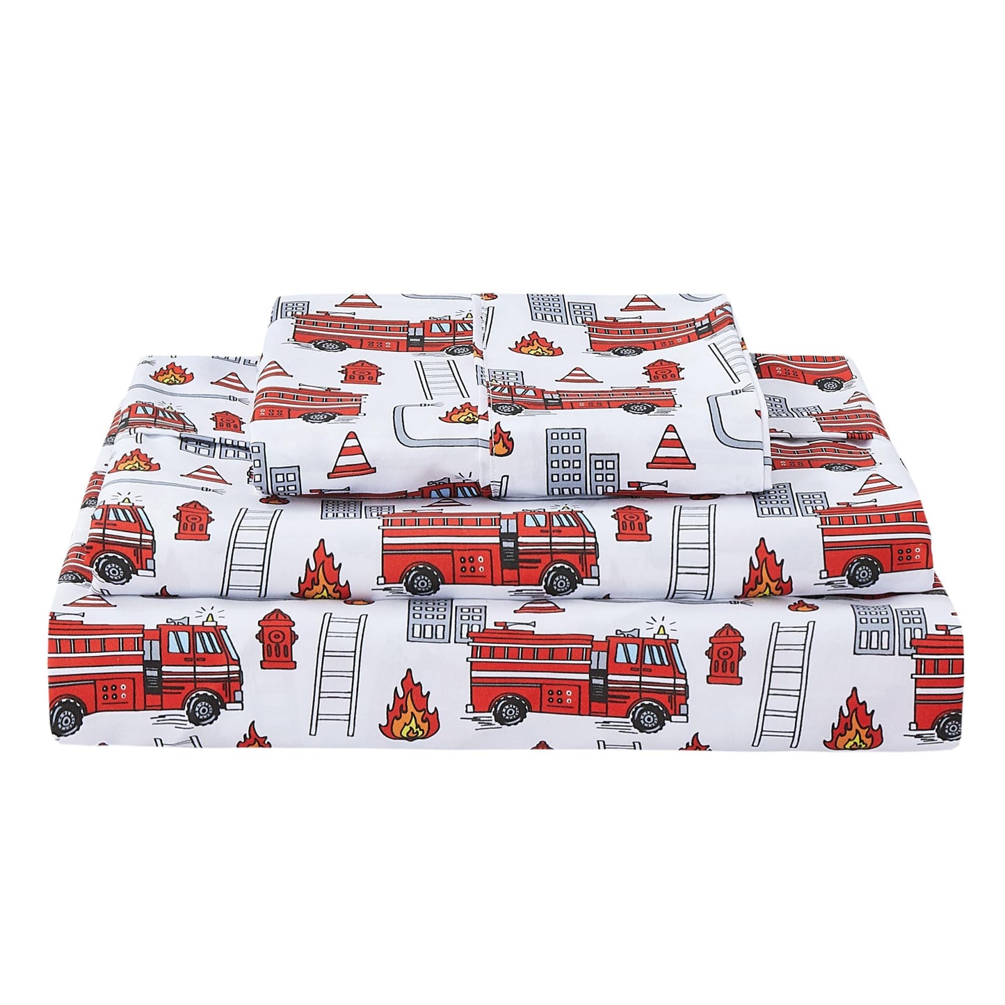 Softan Kids Bed Sheet Set, Boys Full Size Sheets, Microfiber Kids Fitted Sheet and Pillowcase, Breathable and Silky Soft, 4 Piece Fire Engines Printed Full Bed Sheet