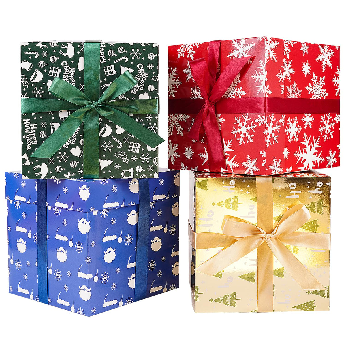 JWSCYSY Assorted Designs Christmas Gift Boxes with Lids, Tissue Papers and Ribbons, Medium Square Gift Boxes - 4 Pcs (8.7 Inch), Gift Wrapping Christmas Holiday New Year Presents Party Favor Boxes.