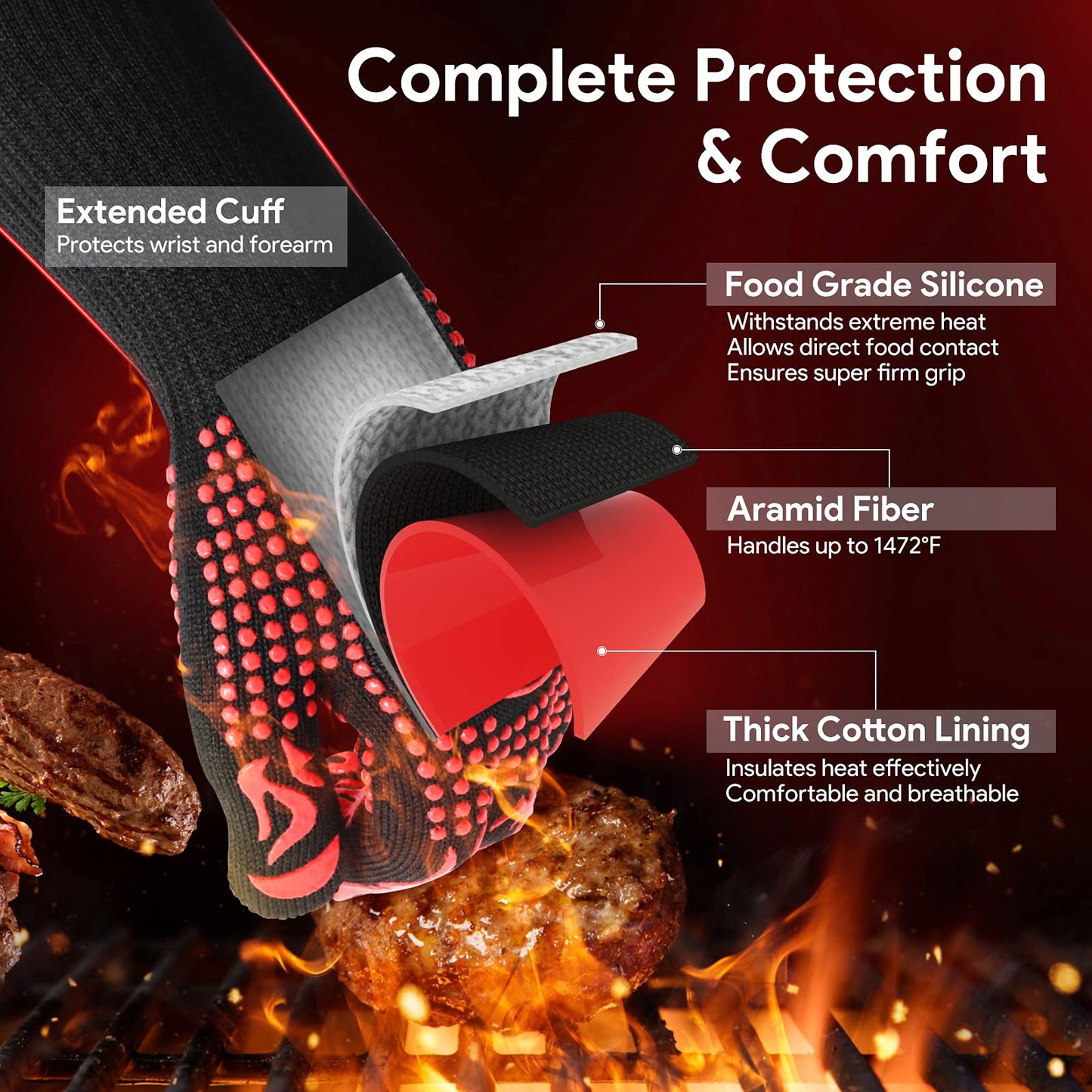 BBQ Gloves, Oven Mitts Grilling Gloves - 1472℉ Extreme Heat Resistant Oven Gloves, Non-Slip Silicone Cooking Gloves for Grilling, Barbecue, Baking, Welding (A Pair)