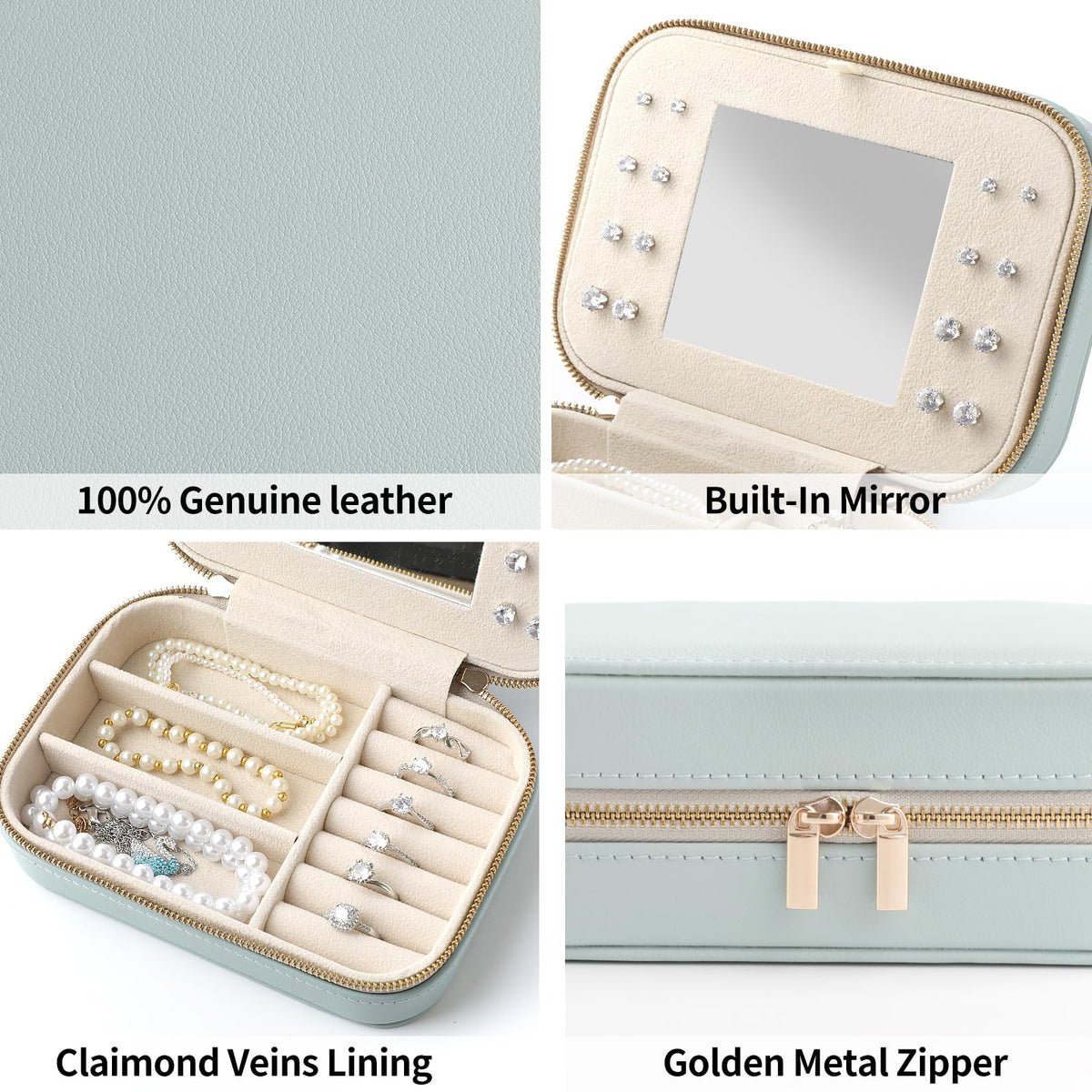 NGVRC Genuine Leather Travel Jewelry Organizer Case with Mirror for Women, Small Mini Portable Jewelry Box for Ring Earrings Necklace Bracelet Luxury Gift for Women（Cyan）