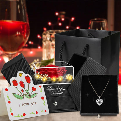 BNWXOY Preserved Red Real Rose with I Love You Necklace -Eternal Flowers Rose Birthday Gifts for Women Mom Grandma Wife Girlfriend Christmas Anniversary Romantic Gifts for Her