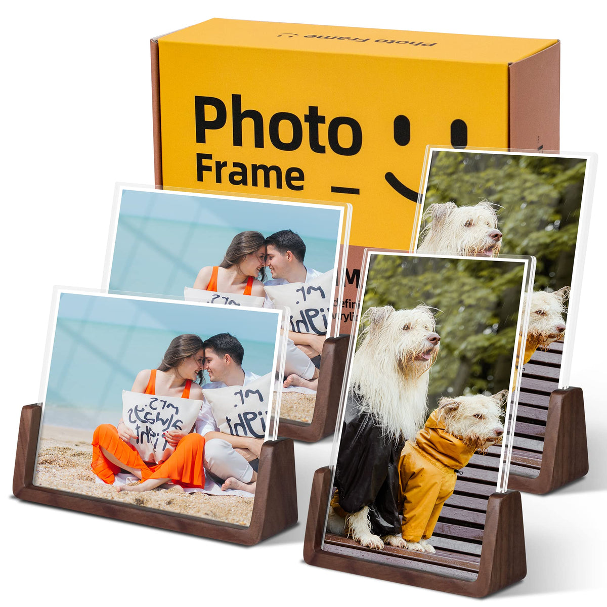 Komimaci 4x6 picture frames, Solid Rustic Wooden Photo Frames with Walnut Wood Base and High Definition Acrylic Glass Covers - 4 Pack for Tabletop or Desktop Display (4x6 inch, 4 Pack)