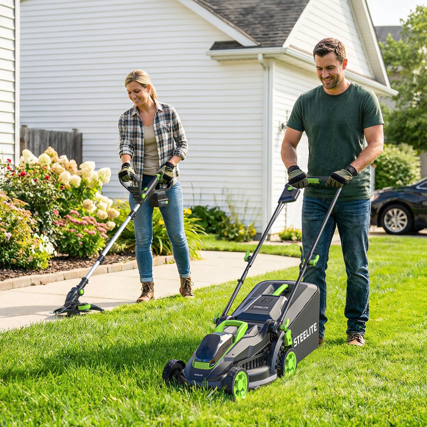 STEELITE 20V Electric Lawn Mower & 12-Inch 2-in-1 String Trimmer/Edger Combo, 13-Inch Cordless Mower with 4.0Ah + 2.0Ah Batteries & Charger, 5 Replacement Spools for Small Lawns