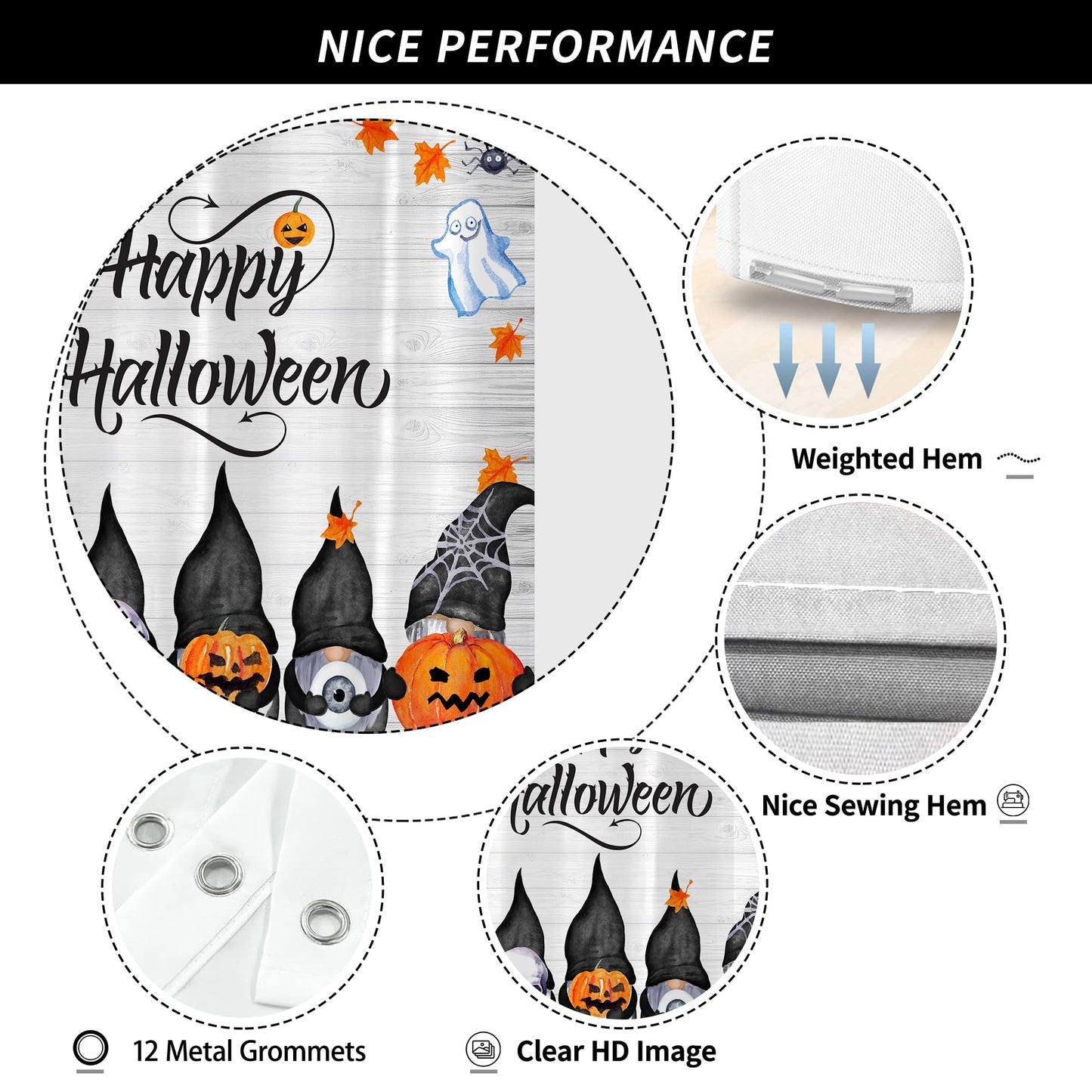 Visioun Halloween Cute Funny Gnomes Spooky Pumpkin Shower Curtain for Bathroom 72W*72H Inch Farmhouse Rustic Horror Bathtub Skull Ghost Maples Bat Decor Waterproof Polyester Fabric Set with 12 Hooks