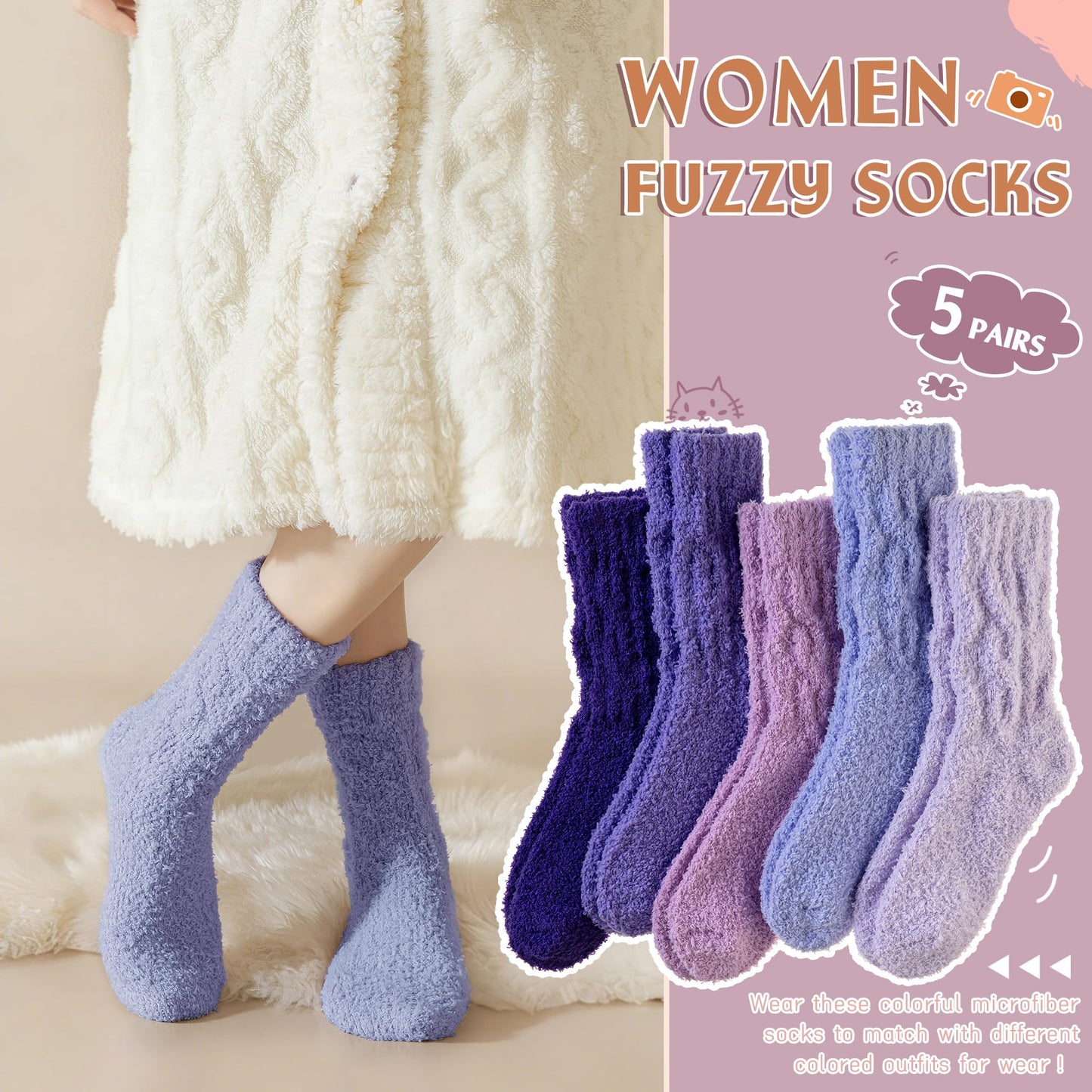 WEVIAS Womens Fuzzy Socks Slipper Fluffy Comfy Cozy Winter Soft Warm Fleece Cabin Plush Sleep Socks (Purple Series)