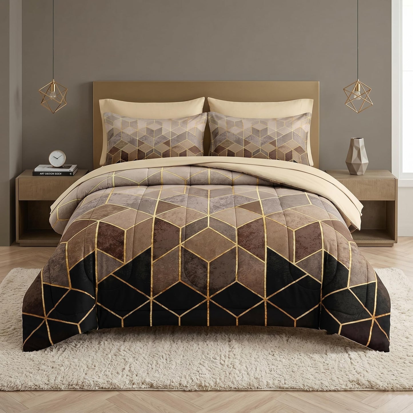Nesker Comforter Set Queen Size, Black Golden Gradient Cubic 7 Pcs Bedding for Kids and Adults, Brown Modern Geometric Bed Sheet Sets with Fitted Sheet 2 Pillowcases & 2 Shams