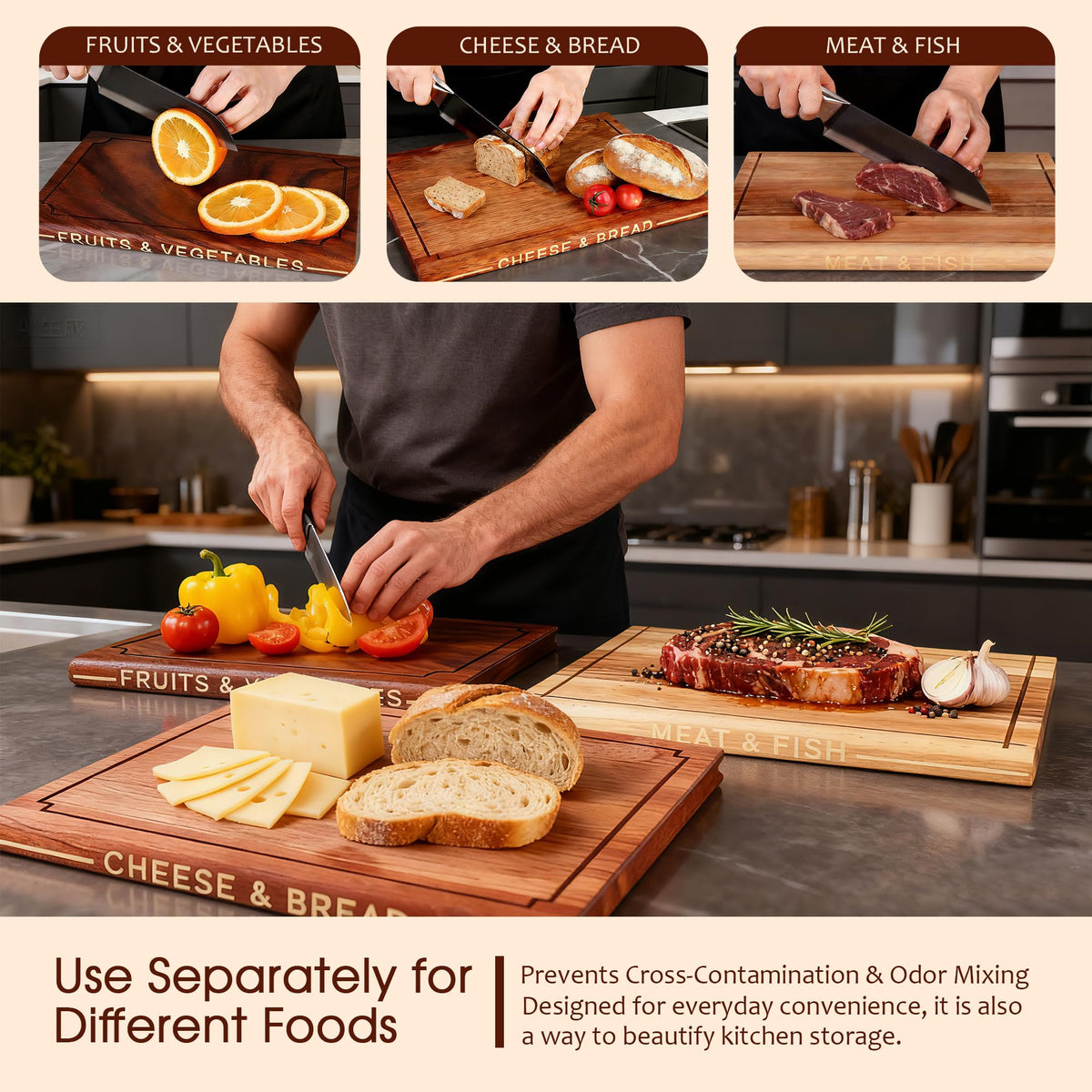 Hoforife 3-Piece Wooden Cutting Boards Set Like Books Wood & Brown