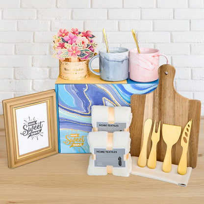 15Pcs Luxury House Warming Gifts New Home, Housewarming Gift Basket for Couples Friends First Apartment, Closing Gifts for Home Buyers, with Unique 3D Card Acacia Cutting Board Gold Cheese Knives