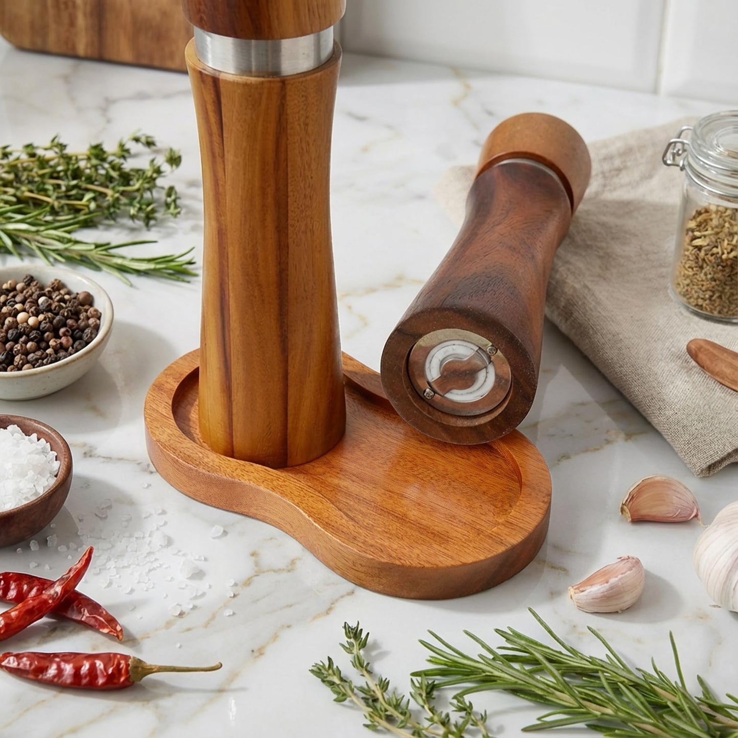 VanlonPro Salt and Pepper Mill Tray, Retro Sapele Wood Tray, Pepper Mill Holder & Rest (Inner Dia 2.6 Inch) fit Many Mills & Shakers, Salt & Pepper Grinder Accessories, Kitchen Storage Holder